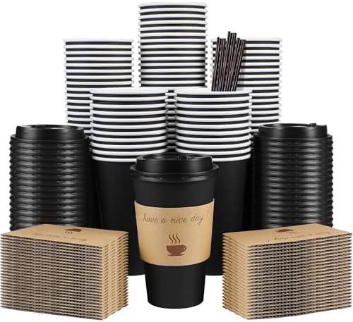Clawsoff 100 Pack 16 oz Coffee Cups with Lids, Disposable To Go Paper Coffee Cups with Sleeves and Stirring Sticks for Hot/Cold Drinks Office Home Shop Event (Black)