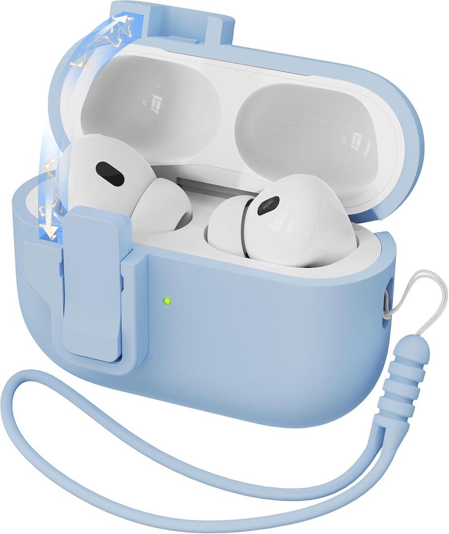 RFUNGUANGO for AirPods Pro 2 Case with Lock & Cleaning Kit, Lanyard, Soft Liquid Silicone Protective Cover for Apple AirPod Pro 2nd/1st Generation Case, Support Wireless Charging, Sky Blue