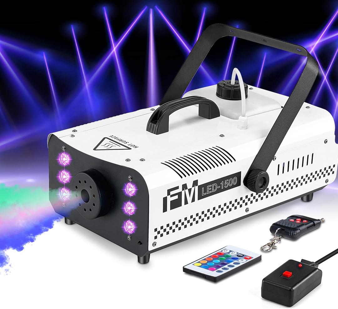 Vangoa Fog Machine, 1500W Smoke Machine with 6 Colorful LED Lights Effect, 25000CFM Fogger with Wired Receiver & 2 Wireless Remote Controls Professional for Wedding Halloween Party Stage Effect (1500W, 2500ml Tank)
