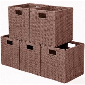 10.5x10.5'' Set of 5 Cube Storage Baskets, Natural Paper Rope Multipurpose Collapsible Organizers, Woven Laundry Totes for Laundry, Storage Cubes,Wicker Baskets Laundry Organizer Totes for Home