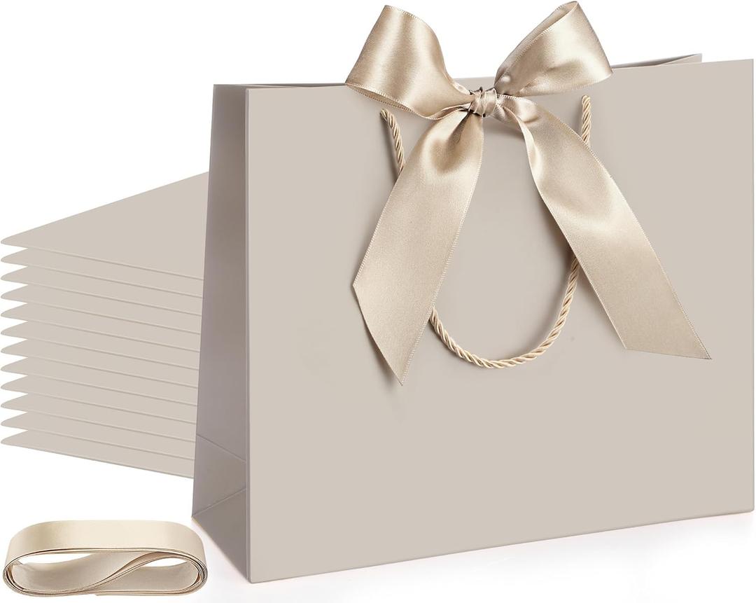 Silkfly 12 Pcs Thank You Gift Bags with Handle 12x10x4'' Welcome Elegant Gifts Bag with Bow Ribbon for Mother's Day Wedding Graduation Bridesmaid Baby Shower Birthday Housewarming (Champagne)