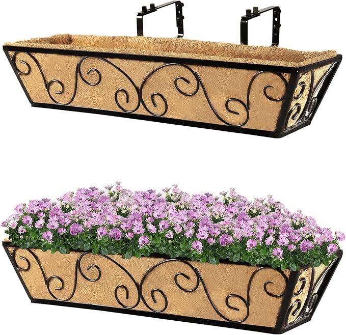 Y&M 24 Inch Window Deck with Coco Liner, Fence Metal Hanging Flower Planter Window Basket Deck Railing Planter Boxes for Outdoor Garden Lawn-Butterfly,2pcs
