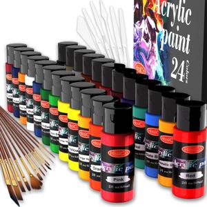 HissiCo 42PCS Acrylic Paint Set of 24 Colors 2fl oz 60ml Bottles with 12 Brushes and 6 Paint Knives,Non Toxic 24 Colors Acrylic Paint No Fading Rich Pigment for Kids Adults Artists Canvas Crafts Wood