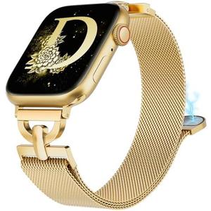 BEEXI Stainless Steel Magnetic Loop Compatible with Apple Watch Band 38mm 40mm 41mm 42mm Women Metal Mesh D-shaped Clasp Strap for iWatch SE Series 10/9/8/7/6/5/4/3/2/1/Ultra(1/2) Gold