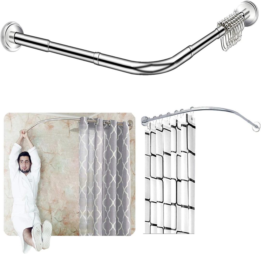 Stretchable Corner Shower Curtain Rod - Drill Free Install 304 Stainless L Shaped 24-32" x 32-48",for Bathroom, Clothing Store（Free Curtain Hook）