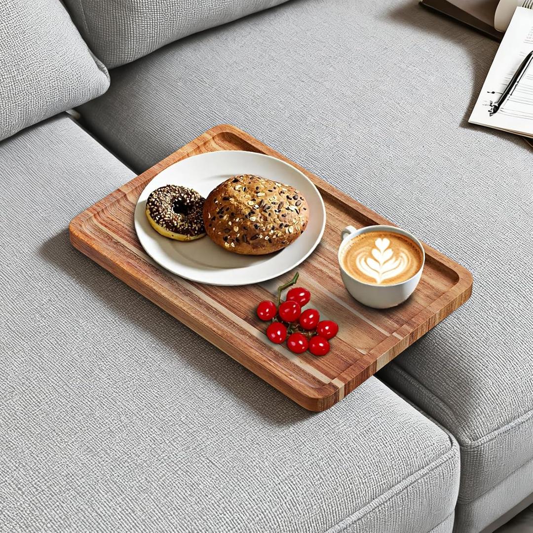 Acacia Wood Couch Tray, Folding sofa Table Insert for Middle Portable Couch Armrest Trays Perfect for Drinks, Snacks, Phone, Remote Control,14.96x10.23-inch (Rectangle)