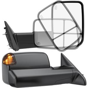 Smoked Power Heated Tow Mirrors Compatible with 2002-2008 Dodge Ram 1500, 2002-2009 2500 3500, Manual Flip & Fold Tow Side Mirrors, Turn Signal, Black Housing