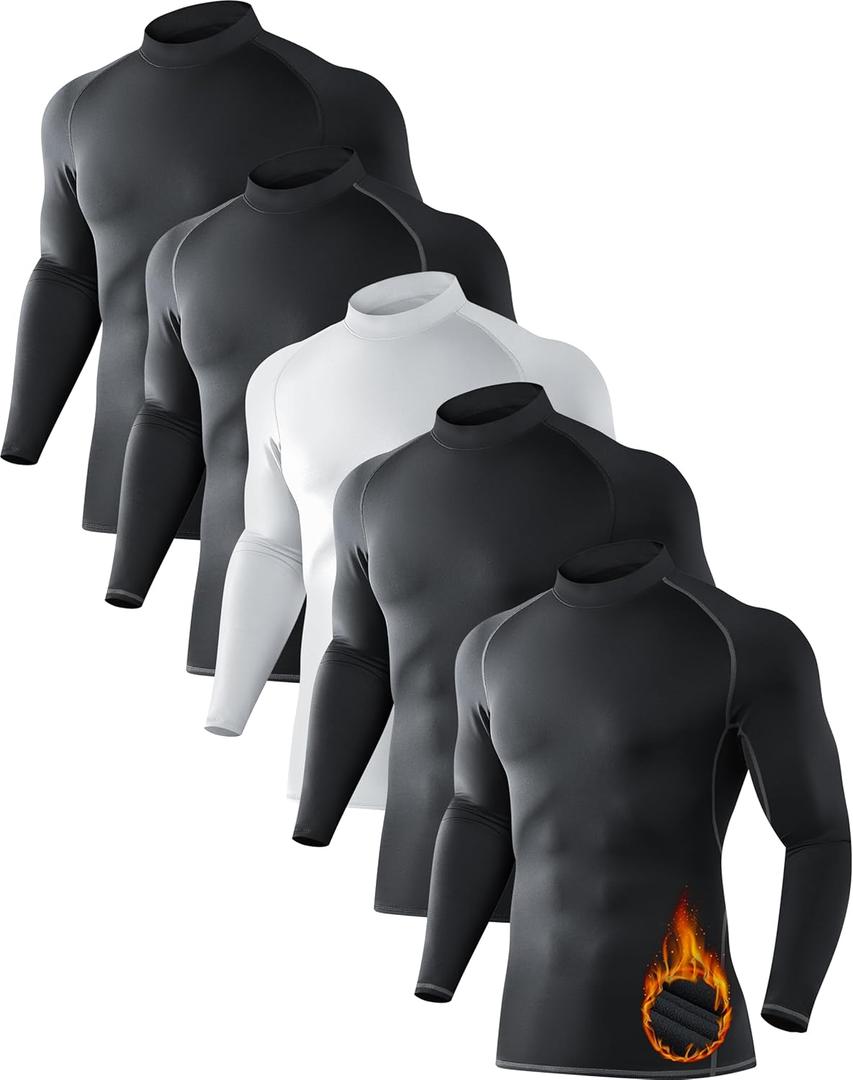 5 Pack Men's Thermal Turtle Mock Neck Shirts, Long Sleeve Compression Shirts Fleece Lined Undershirt Base Layer Tops S/ 02