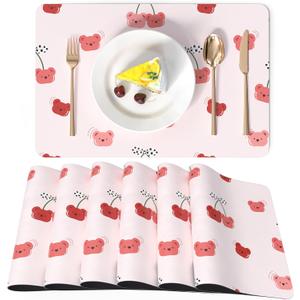 LilyCat Faux Leather Placemats Set of 6, Waterproof Oil-Proof Dining Table Mats for Kitchen, Indoor & Outdoor Heat Resistant Wipeable PU Place Mats, 18 12, Cherries and Bears