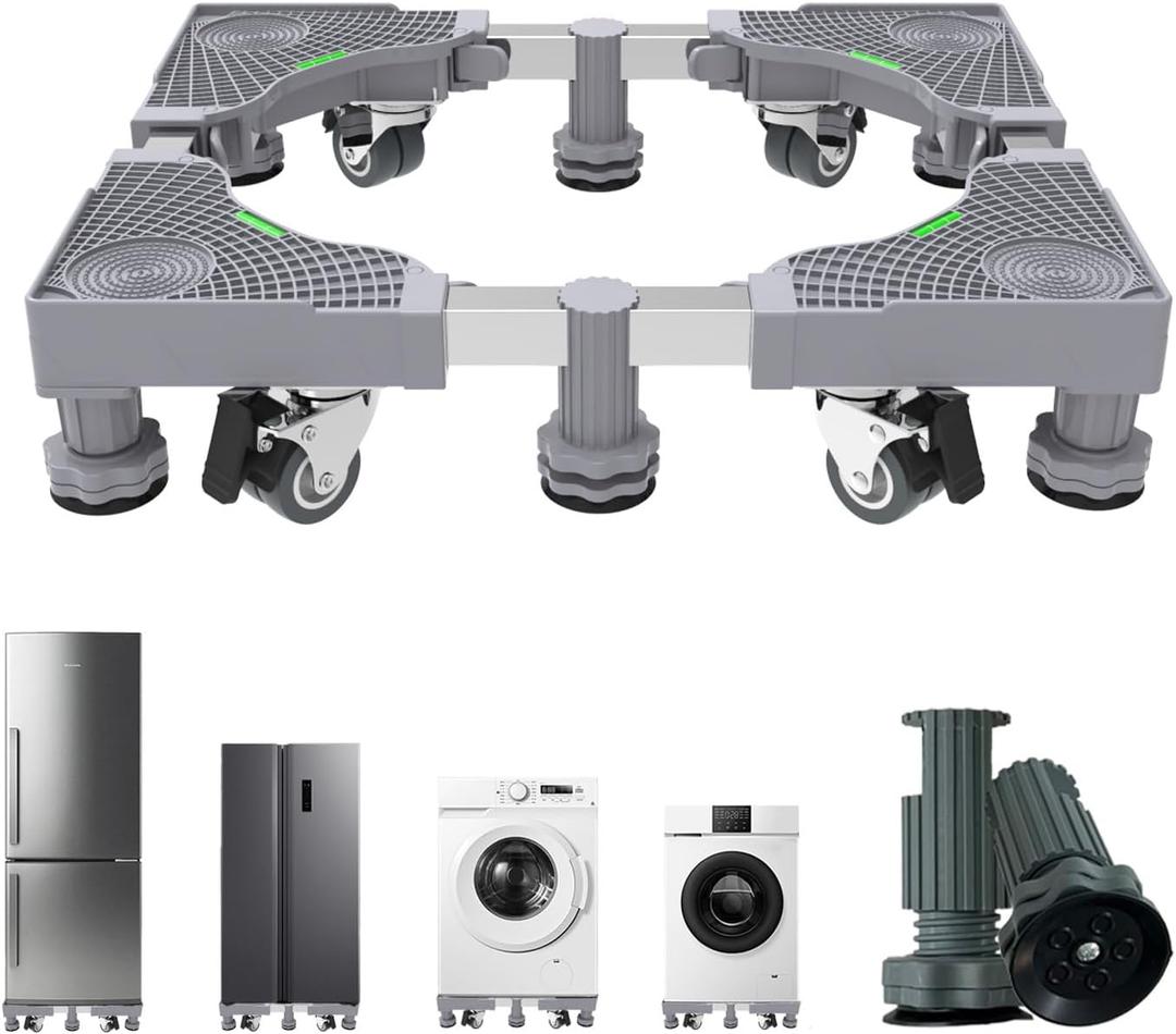 Mini Fridge Stand With 4 Locking Wheels And 6 Strong Feet Universal Washer and Dryer Pedestals 16.5"-26.7" Adjustable Appliance for Fridge Stand,Washing Machine Stand, Laundry Pedestal (GRAY) (GREY)