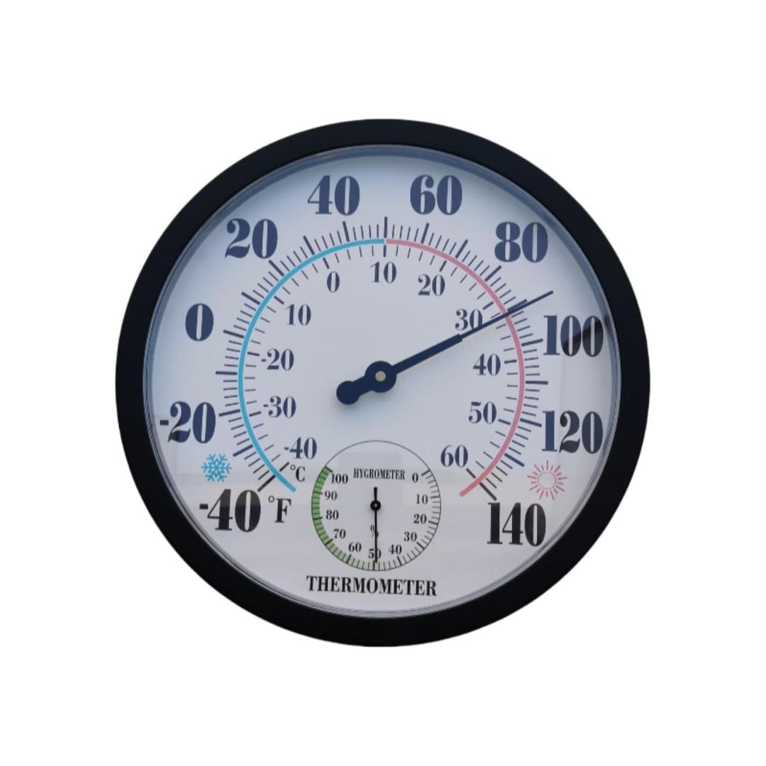 Outdoor Thermometer Hygrometer, 10 Inch Round Black Wall Mount with High Gloss Finish - Large Easy to Read Face, Waterproof for Patio, Garden, Garage, Home - Measures Temperature & Humidity