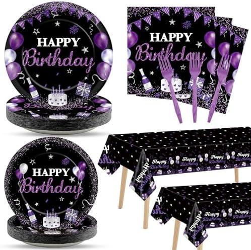 Justforjoyful 98 PCS Purple Birthday Party Supplies Purple Black and Sliver Paper Plates Napkins Tablecloths Purples Dinnerware Table Cover for Women Girl Men Birthday Party Decorations for 24 Guests