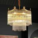 17.9" Modern Glass Gold Chandelier Light Fixture Luxury Glam 2-Tier Crystal Chandeliers for Dining Room 8-Light Round Hanging Ceiling Pendant Lighting for Living Room Kitchen Bedroom Foyer