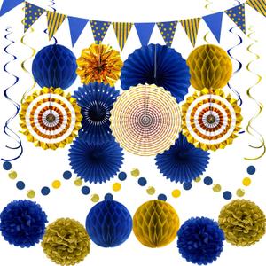 Blue Gold Party Decorations, Graduation Season Hanging Glitter Triangle Flags Banner Paper Fan Tissue Pom Poms Garlands, Boy Men Party, Bridal Shower, Navy Blue Themed Birthday