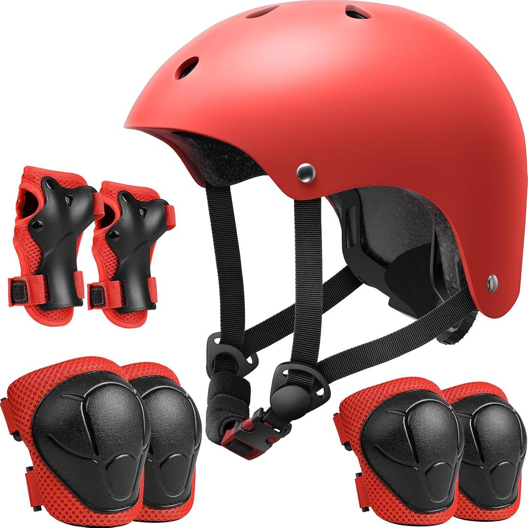 Kids Bike Helmet Set, Adjustable Helmet for Boys Girls, Toddler Pad Set with Knee and Elbow Pads for Bike, Roller, Skating, Scooter, Longboard and More Sports, Red (S: 18.9"-21.3"/2-8 years old)