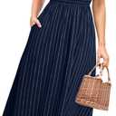 Simplee Womens Striped Midi Summer Dress Linen Smocked Flutter Short Sleeve Dress Flowy Casual Dress with Pockets (Medium, Navy Blue)