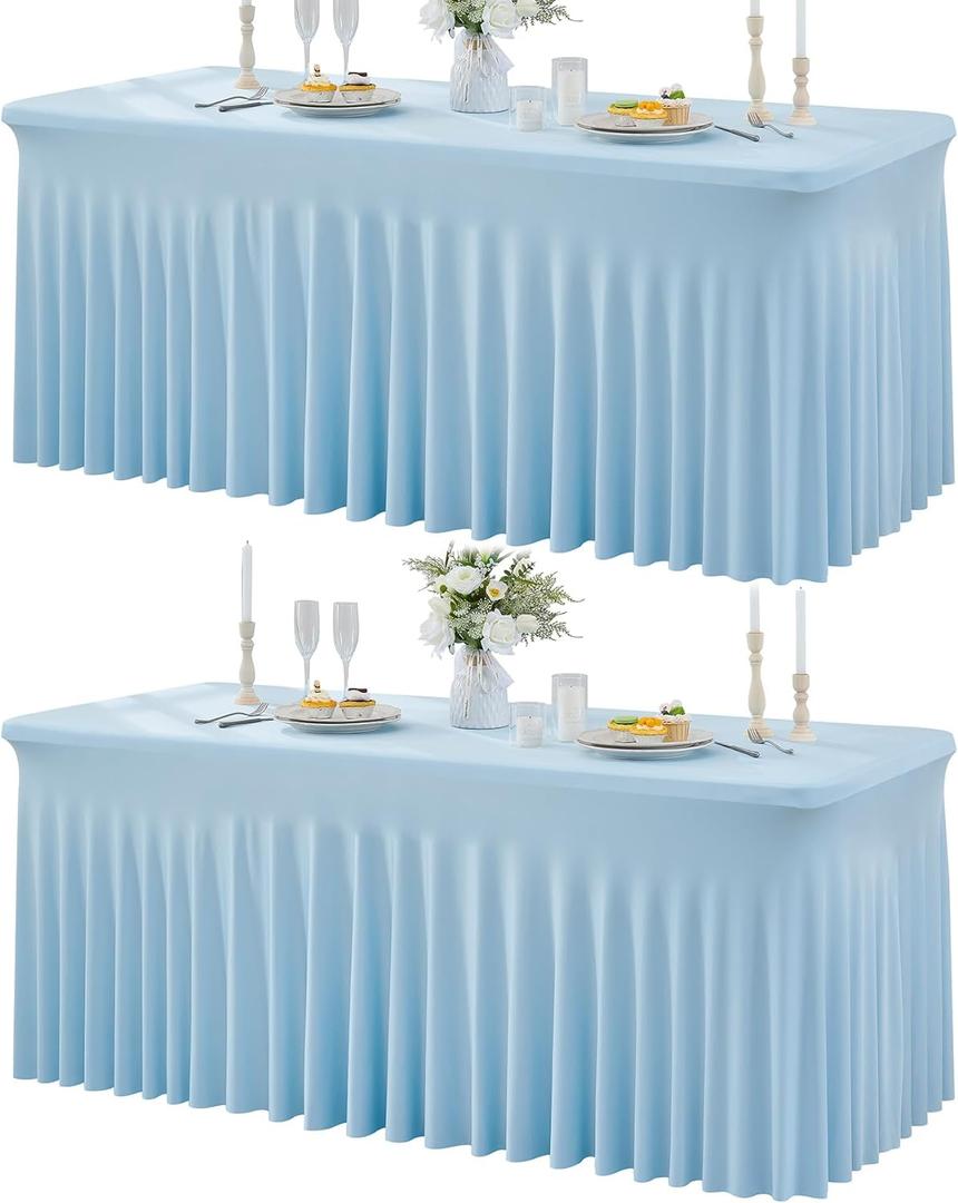 2Pack Baby Blue Spandex Table Clothes for 6 Foot Rectangle Tables, Fitted Table Cover 6ft Stretch Tablecloths Desk Skirt for Parties Weddings Birthday Banquet Baby Shower (6FT(2pack))