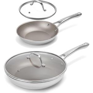 Titanium Frying Pan Set with Lids - 8" & 10.25" No Coating PFAS-Free Skillet, Tri-Ply Titanium & Stainless Steel, Induction & Dishwasher Safe