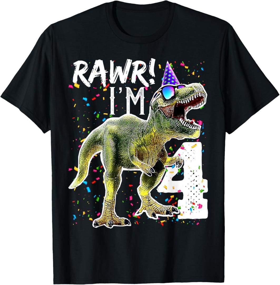 Rawr I'm 4 4th Birthday T Rex Dinosaur Party Gift for Boys T-Shirt, Size S