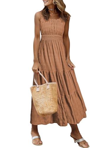AlvaQ Dress for Women 2025 Summer Casual Loose Crewneck Solid Color Long Dresses Aline Sundress Fashion 2025 Light Brown Large