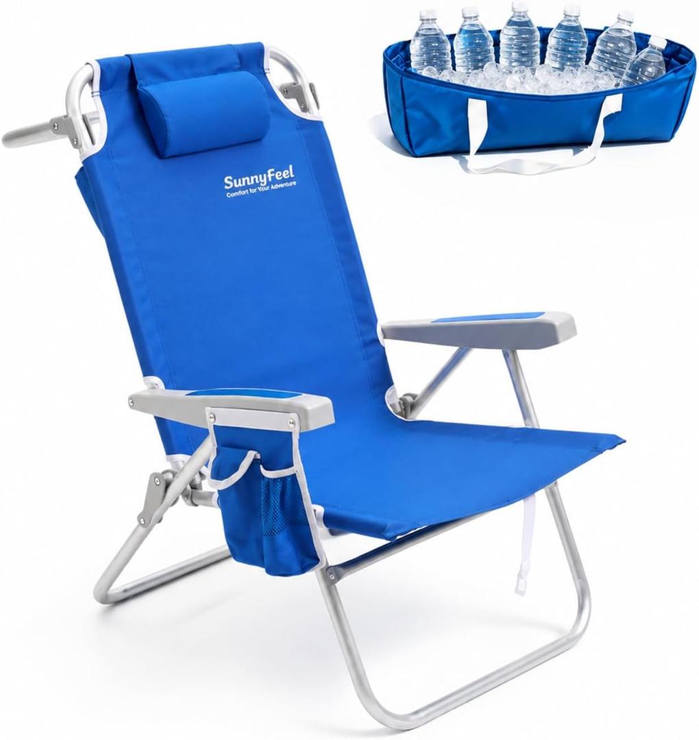 SUNNYFEEL Extra High Back Beach Chair, 5 Position Lay Flat, High Seat Oversized Portable Folding Camping Chair with Cup Holder for Outdoor/Trip, Lightweight Foldable Beach Chair for Adults