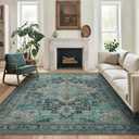 GENIMO 5x7 Area Rugs for Living Room, Machine Washable Non Slip Vintage Rugs, Low Pile Lightweight Chenille Print Rug for Bedroom, Dining Room, Home Office, Dark Green