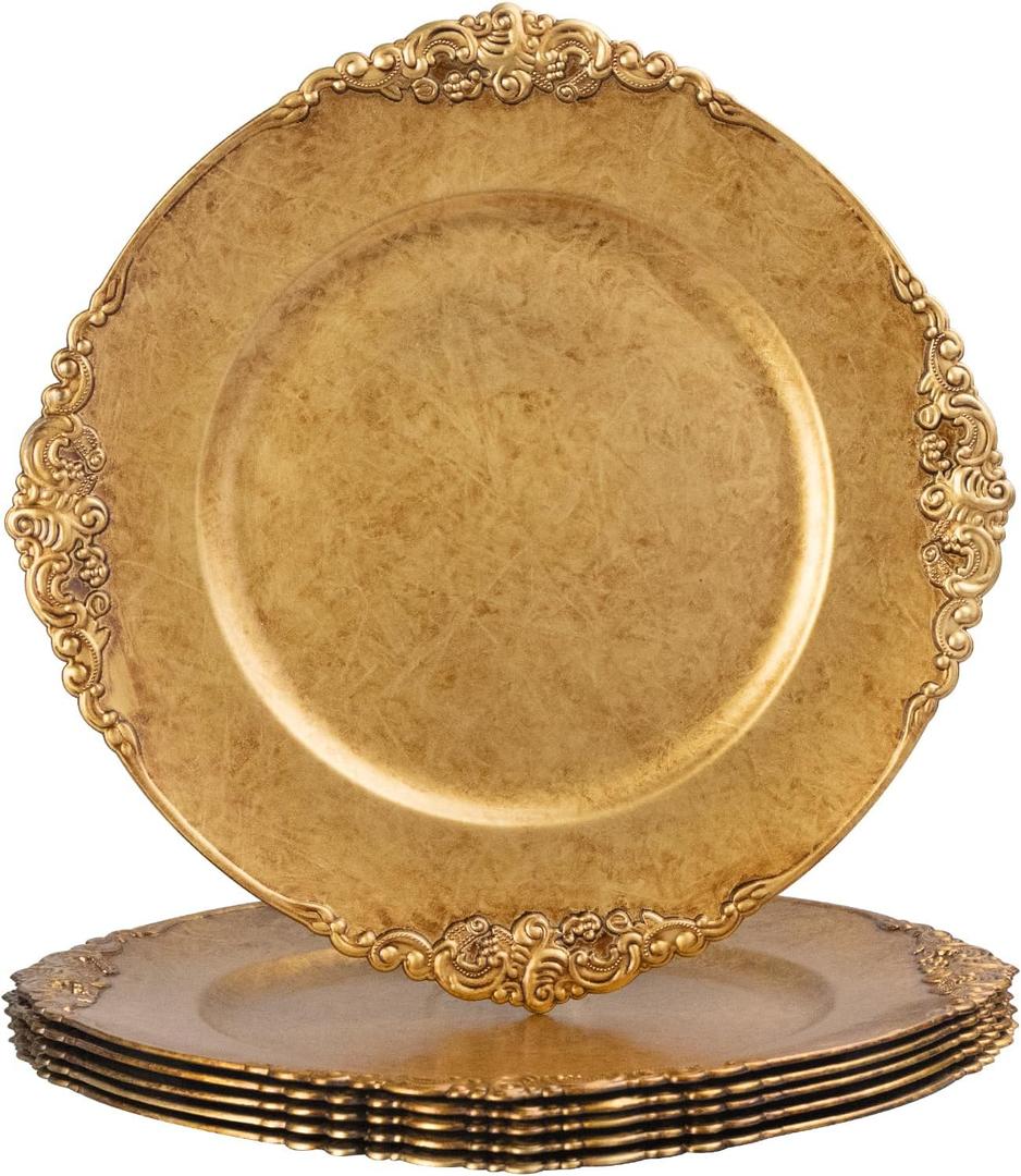MAONAME Antique Gold Charger Plates, Round Antique Plate Chargers for Dinner Plate, 13" Plastic Charger for Plates, Wedding Table Setting, Set of 6