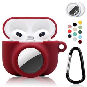 2 in 1 Protective Case Combo Set Compatible for Apple AirPods 3(2021) AirTag, GPS Tracker Holder with 2 PCS TPU Screen Protector&Keychain, Soft Silicone Anti-Lost Anti-Scratch Skin Cover(WineRed)