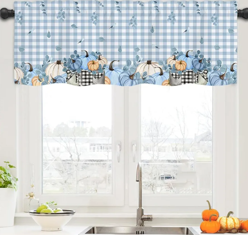 Pack Of 3 Quimoy Fall Kitchen Valance 54 x 18 Inch, Blue White Plaid Curtains with Rod Pocket, Autumn Pumpkin Valances Curtain for Windows, Fall Thanksgiving Valances for Home Kitchen Windows Decor