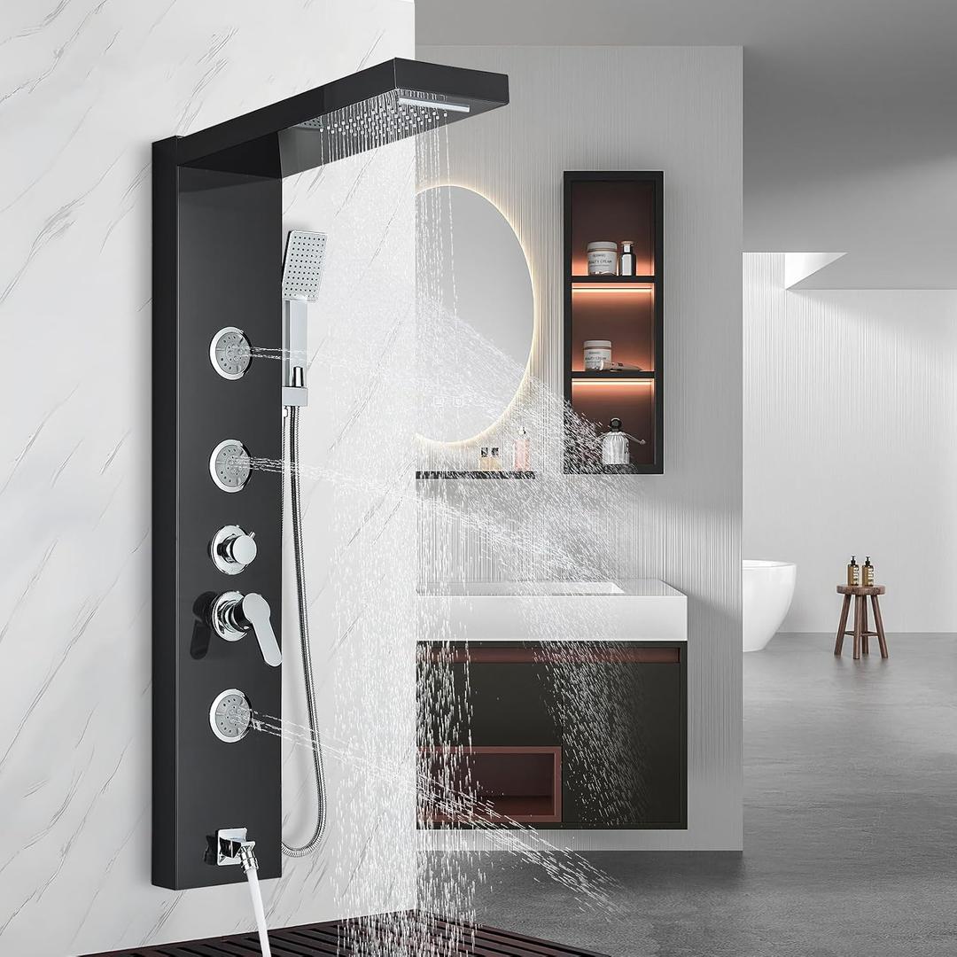 AlenArt Shower Panel Tower System, Multi Function Shower System with Body Jets, Handheld Sprayer, Rainfall Waterfall Shower Head and Tub Spout Stainless Steel Wall Mount Shower Panels Black