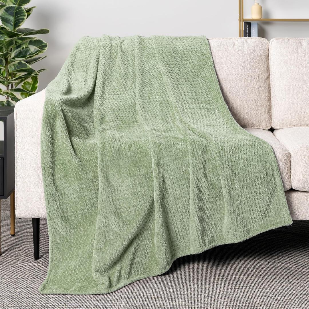 PAVILIA Soft Fleece Light Green Throw Blanket for Couch, Lightweight Plush Warm Blankets for Bed, Fuzzy Cozy Flannel Blanket Throw for Sofa, Travel, Jacquard Pattern, Sage Green, 50x60 inch