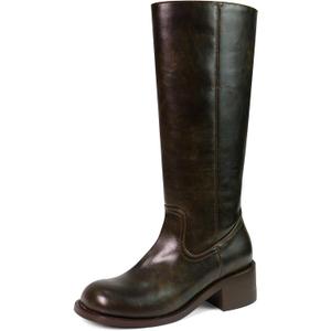 Women's Knee High Boots Square Toe Chunky Block Heel Long Boots for Women Comfortable Low Heel Women's Boots (7.5, Dark Brown)