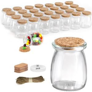 30 Pack Glass Favor Mini Jars, 3.4 oz Small Jars with Cork Lids, Pudding Containers with Lids, Apothecary, Candle Making with Fun, Gift for Candy, Wedding Favors Honey Pot, with Label Tags and String