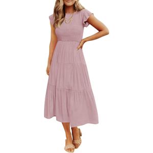 ZESICA Women's 2026 Summer Casual Flutter Short Sleeve Crew Neck Smocked Elastic Waist Tiered Midi Dress, Size Medium