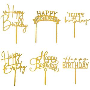 Gold Birthday Cake Topper, 6pcs Acrylic Birthday Cake Toppers Happy Birth Cake Toppers for Decorations Gold Topper for Girls Women's Party Decorations