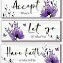 3 Pcs Purple Bathroom Decor Rustic Flower Wall Art Accept Let Go Have Faith Farmhouse Bedroom Wall Decor Wooden Inspirational Quotes Decorations for Living Room Bathroom Bedroom(Purple, 12 x 4 Inches)