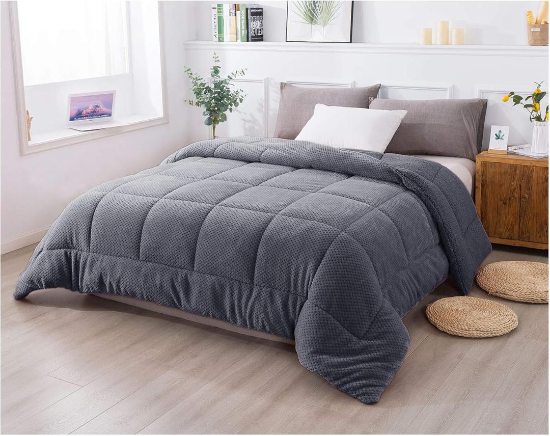 KASENTEX Super Ultra Soft Luxury Plush Sherpa Comforter, Cozy Reversible Fleece - Goose Down Alternative Fill, Machine Washable Bedding, Excalibur Grey, Twin/Twin XL Size