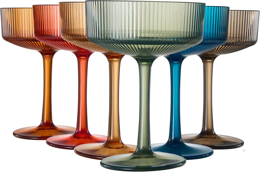 Shatterproof Acrylic Ribbed Vintage Art Deco Martini, Champagne & Cocktail Muted Color Plastic Tritan Coupe Glasses | Set of 6 | 8 oz Ripple Glassware Classic Cocktail Indoor & Outdoor, European Style Shatterproof Acrylic Ribbed Vintage Art Deco Martini, Champagne & Cocktail Muted Color Plastic Tritan Coupe Glasses | Set of 6 | 8 oz Ripple Glassware Classic Cocktail Indoor & Outdoor, European Style