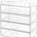 Clear Stackable Makeup Organizer with Drawer, 12''W Acrylic Storage Drawers, Cosmetic Display Case for Vanity Bathroom Countertop, Beauty Holder for Lipstick Brush Skincare Perfume (5 Pack)