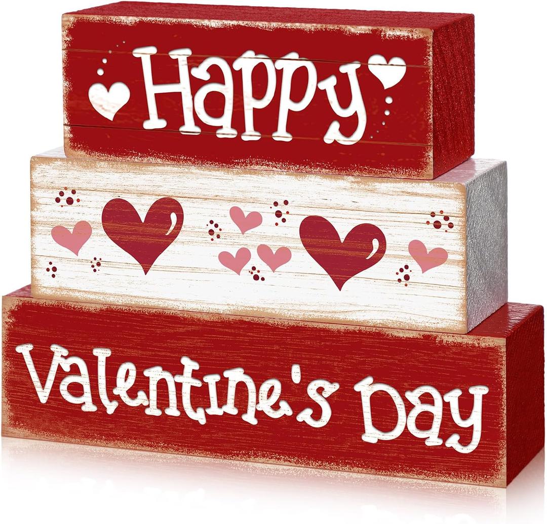 3 Pcs Valentine Table Decoration Signs Tiered Tray Valentine Wooden Love Blocks Heart Wood Freestanding Decor for Farmhouse Centerpiece Wedding Gift(Lovely Style)