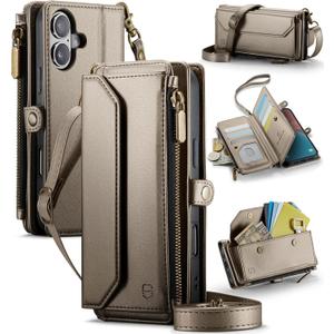 Strapurs Wallet Case Compatible with iPhone 16 Plus 6.7" RFID Blocking 10-Card Holder Soft PU Leather Magnetic Snap Shoulder Strap Zipper Pocket Phone Case Fit for iPhone 16 Plus - Desert Titanium