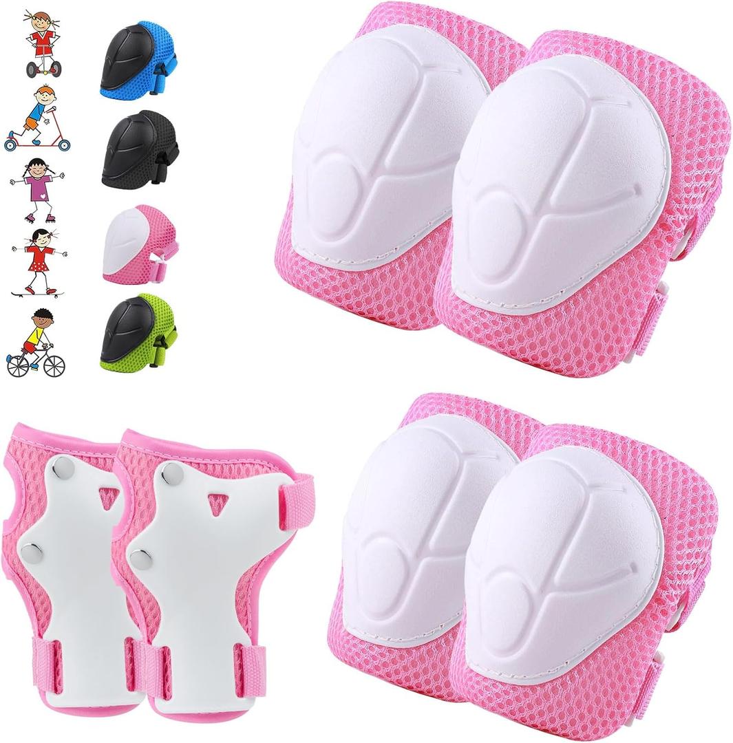 WayEee 6PCS Kids Protective Gear Set, Knee Pads for Kids 3-14 Years Old, Toddler Knee Pads and Elbow Pads, Wrist Guards Set, Skating Cycling Bike Rollerblading Scooter, Upgraded & Durable Material (Pink)