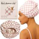 Kitsch Luxury Shower Caps for Women Reusable Waterproof - Flexi Satin Lined, Large Wide Shower Cap for Women & Men, Adjustable, Stylish Hair Cap for Shower, For Long & Short Hair - Terracotta Checker