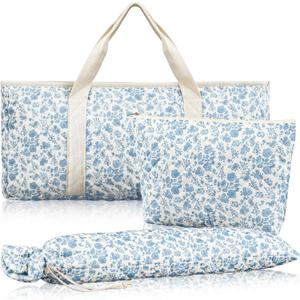 Shinylin 3 Pcs Quilted Empty Mahjong Bag Set, Thickened Blue Floral Carrying Bag Set with Two Wrappers, Card Bags, Mahjong Racks and Card Pusher Drawstring Bags (Case Only)