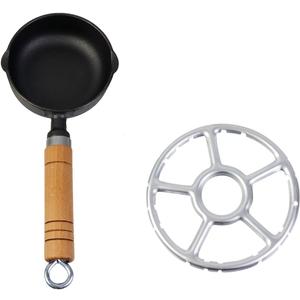 Geesatis 1 Pcs Mini Cast Iron Skillet Small Skillets Frying Pans, with Wok Support Ring for Oil, Baked Cookie, Eggs, Wooden Handles