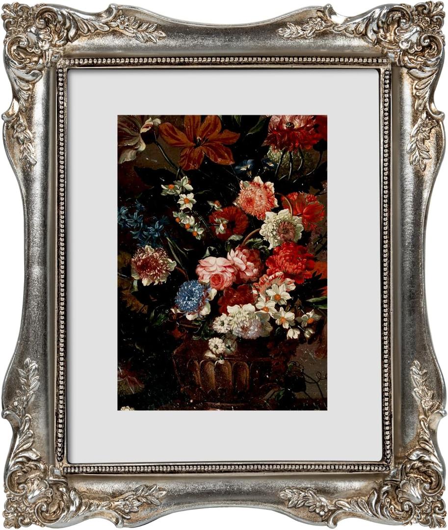 Vintage Picture Frame 8x10, Ornate Baroque Gothic Victorian Frames with Mat for 5x7 or 8x10 Photos, Tabletop or Wall Display, Antique Silver Home Decor Accent