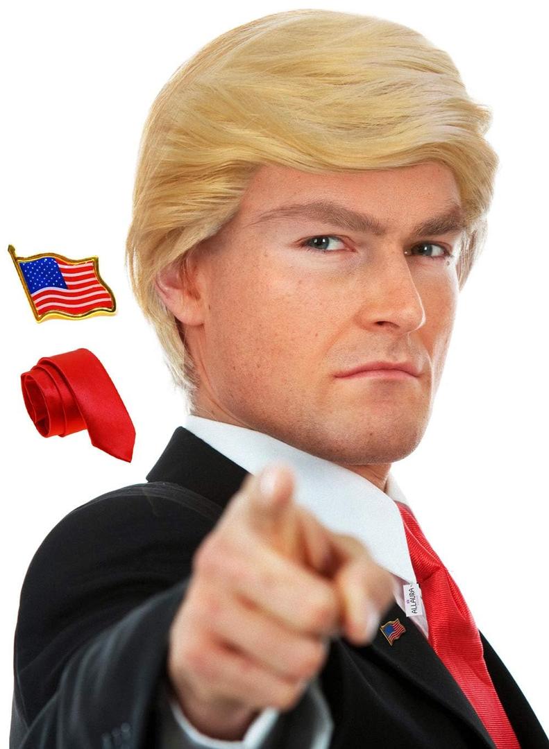 ALLAURA 3pc Donald Costume Kit  Blonde Wig, Red Tie, Flag Pin  Compatible with Pres Donald Wig Halloween Costume for Adults, Couples, Cosplay, Political Events, Parody Outfits, Toupee Wig Look