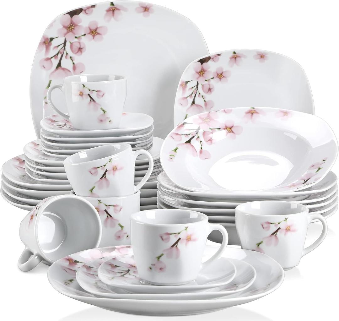 VEWEET Annie Porcelain Dinnerware for 6, 30-Piece Pink Floral Dish Set With Plates and Bowls Including Dinner, Dessert, Soup, Cups & Saucers
