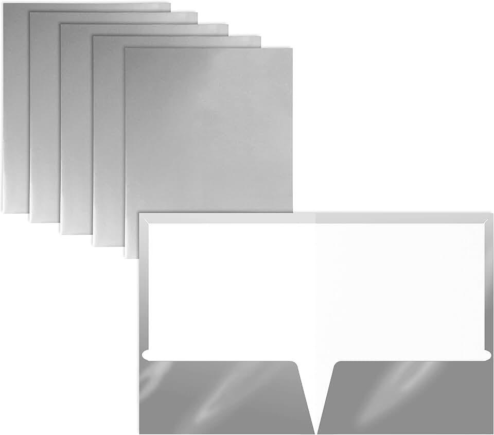 Better Office Products 2 Pocket Glossy Laminated Metallic Silver Paper Folders, Letter Size, 25 Pack, Paper Portfolios, Box of 25