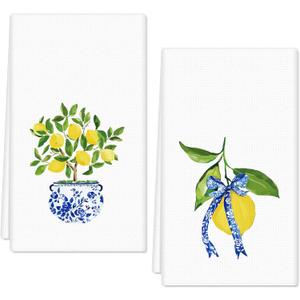 FYSUIMU Lemon Kitchen Dish Towel 18 x 28 Inch Blue Yellow Lemon Dishcloth Spring Summer Decorative Hand Drying Tea Towel for Seasonal Cooking Baking Cleaning, 2 Pcs